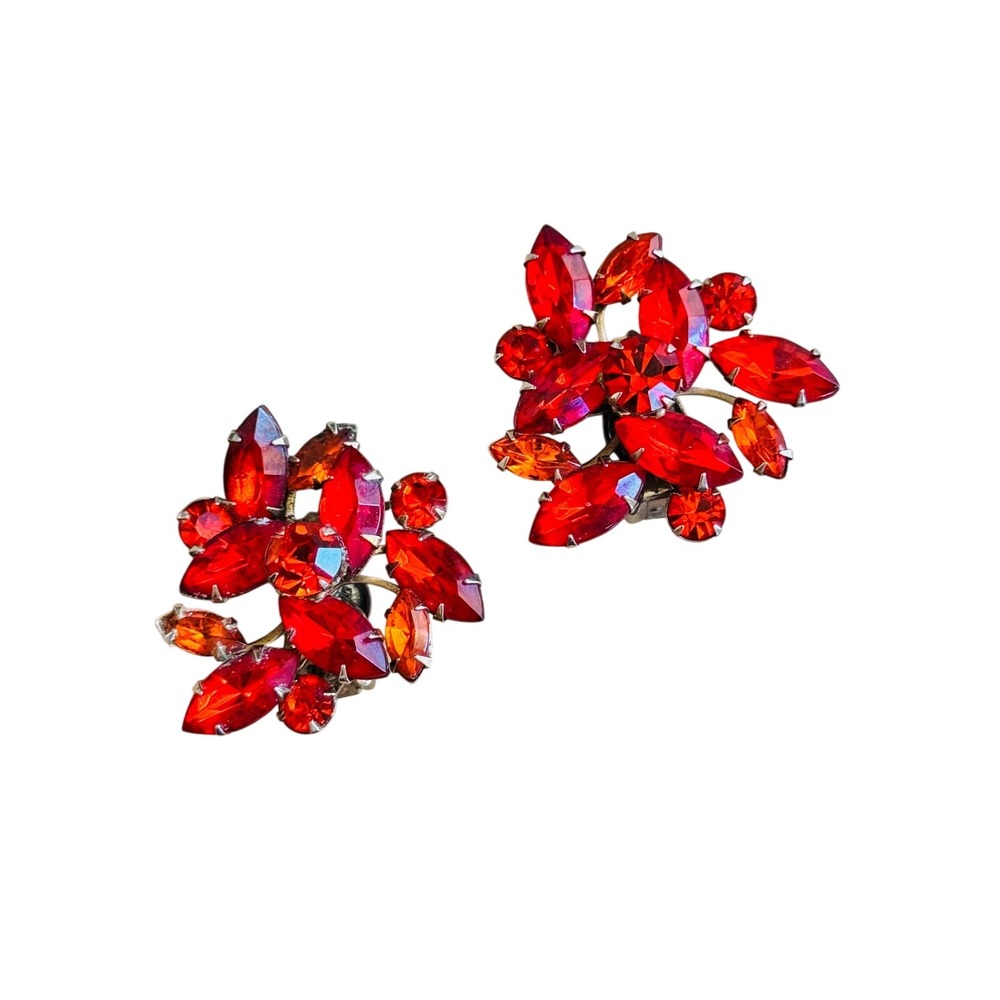 VTG Red Orange Cluster Rhinestone Clip Flower Earrings Statement Chunky Retro